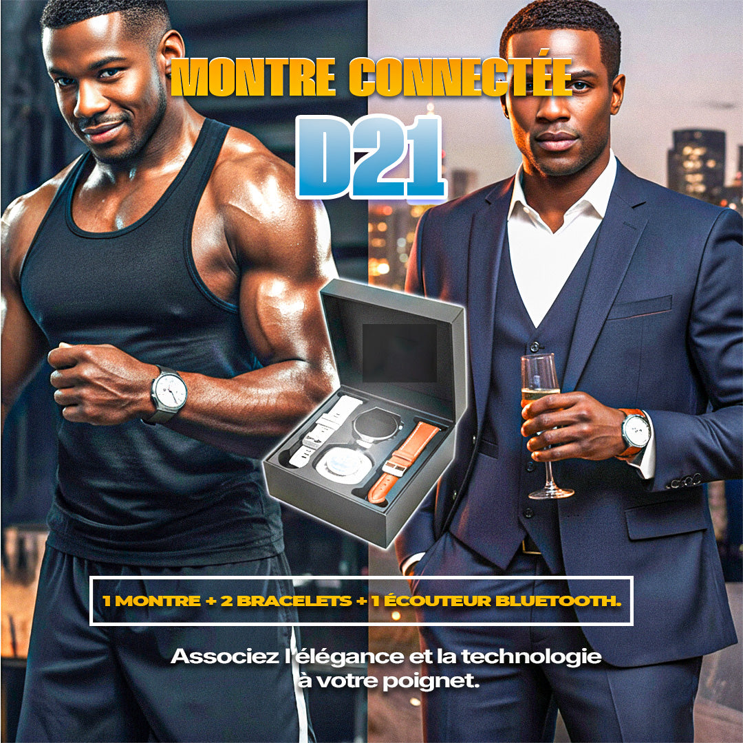 Montres intelligentes D21 à écran rond 2 en 1 avec 1 écouteur et 2 bracelets