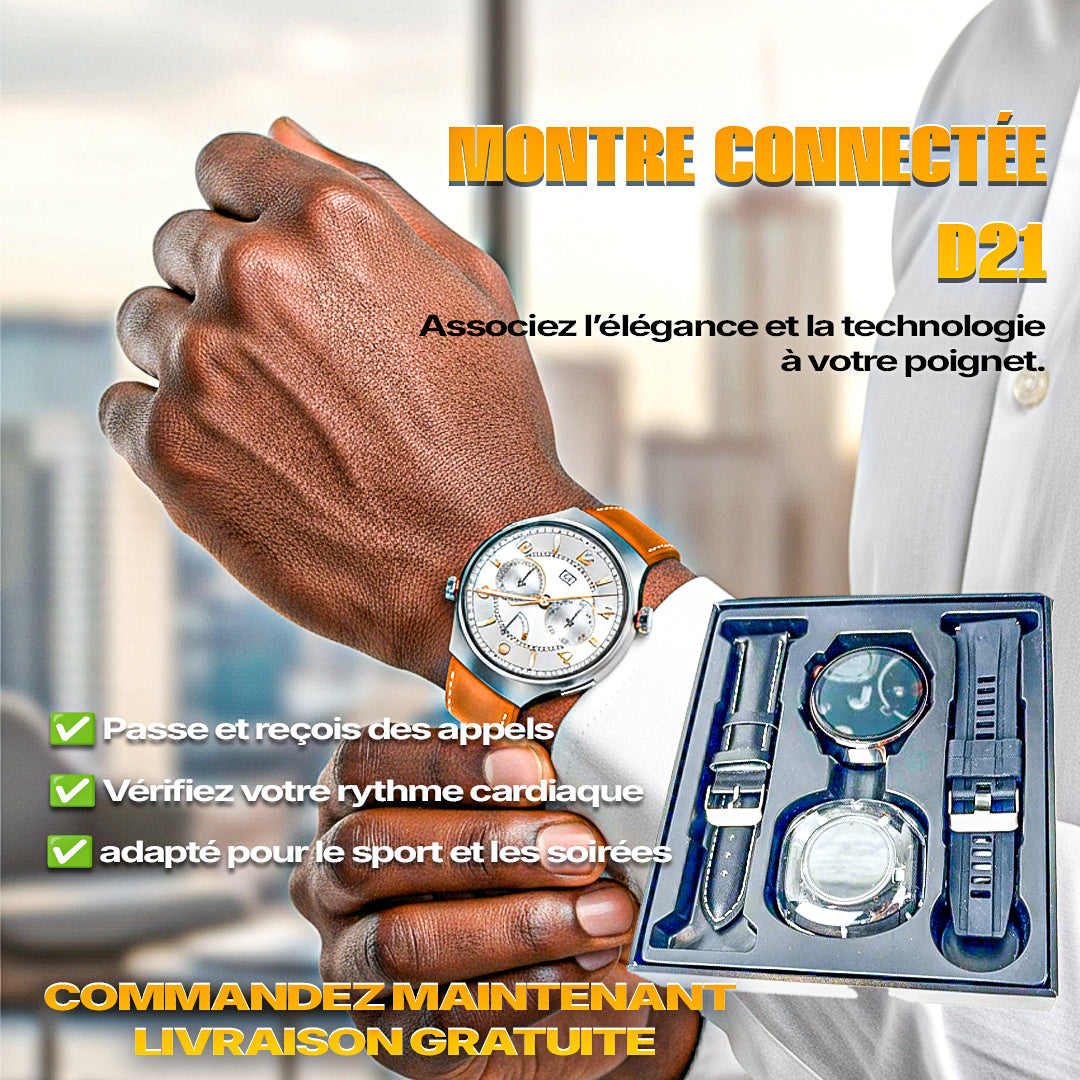 Montres intelligentes D21 à écran rond 2 en 1 avec 1 écouteur et 2 bracelets