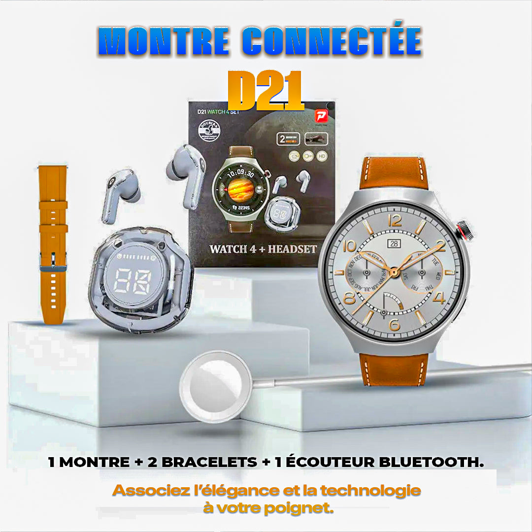 Montres intelligentes D21 à écran rond 2 en 1 avec 1 écouteur et 2 bracelets